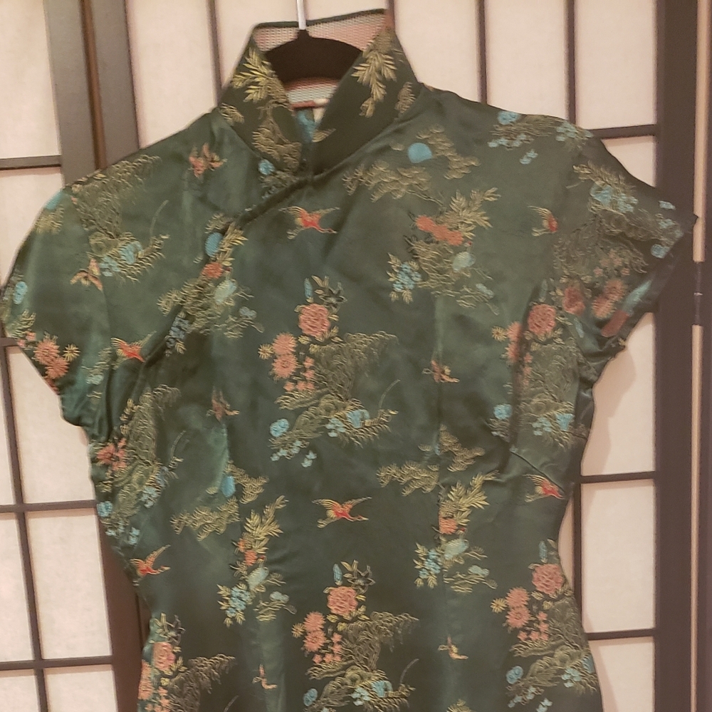 Women VTG Green mid length Chinese Dress